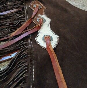 Women’s Choclate Brown Suede Fringe Half Chaps with Brown Leather Accents